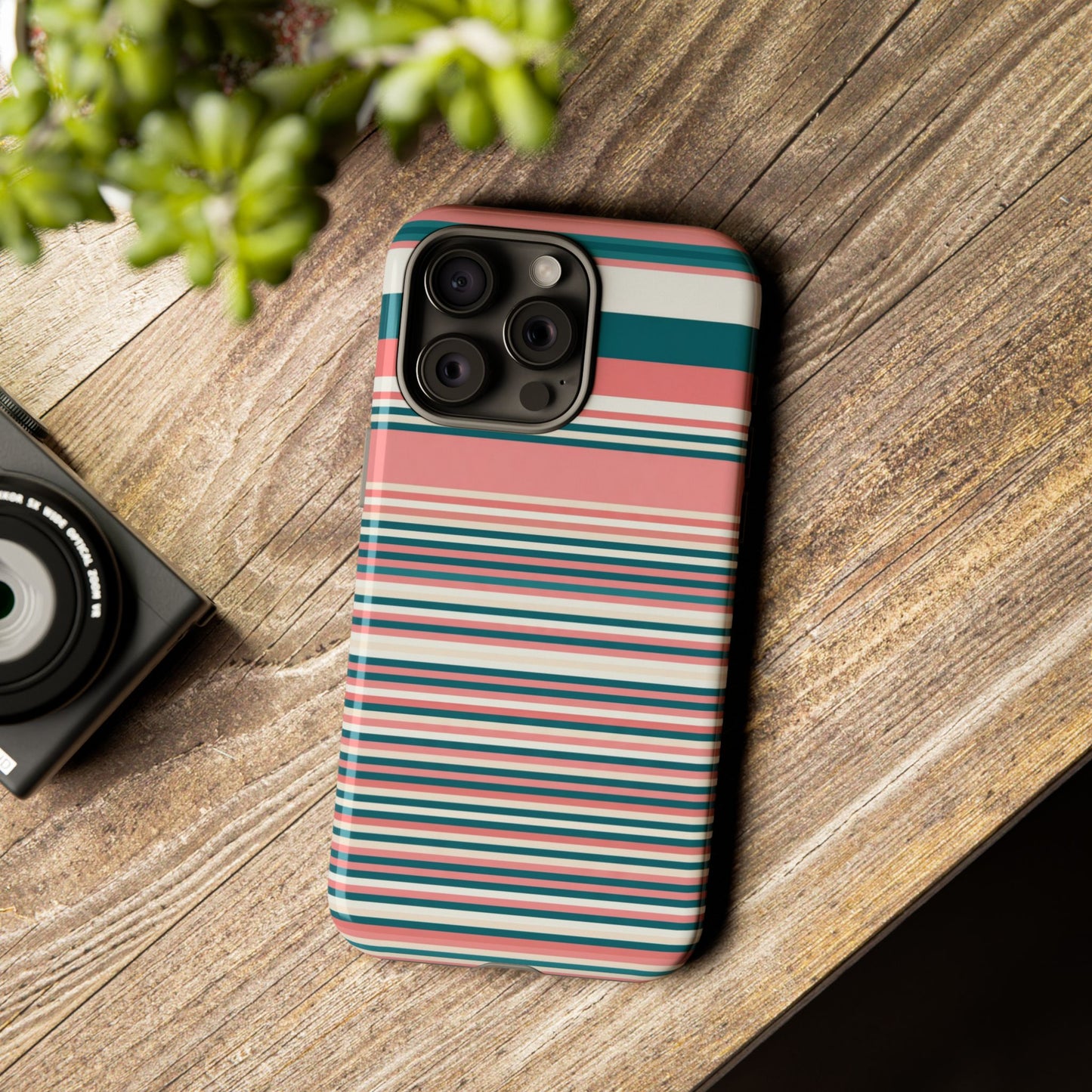 Striped Tough Phone Case — Coral, Teal & White Protective Cover
