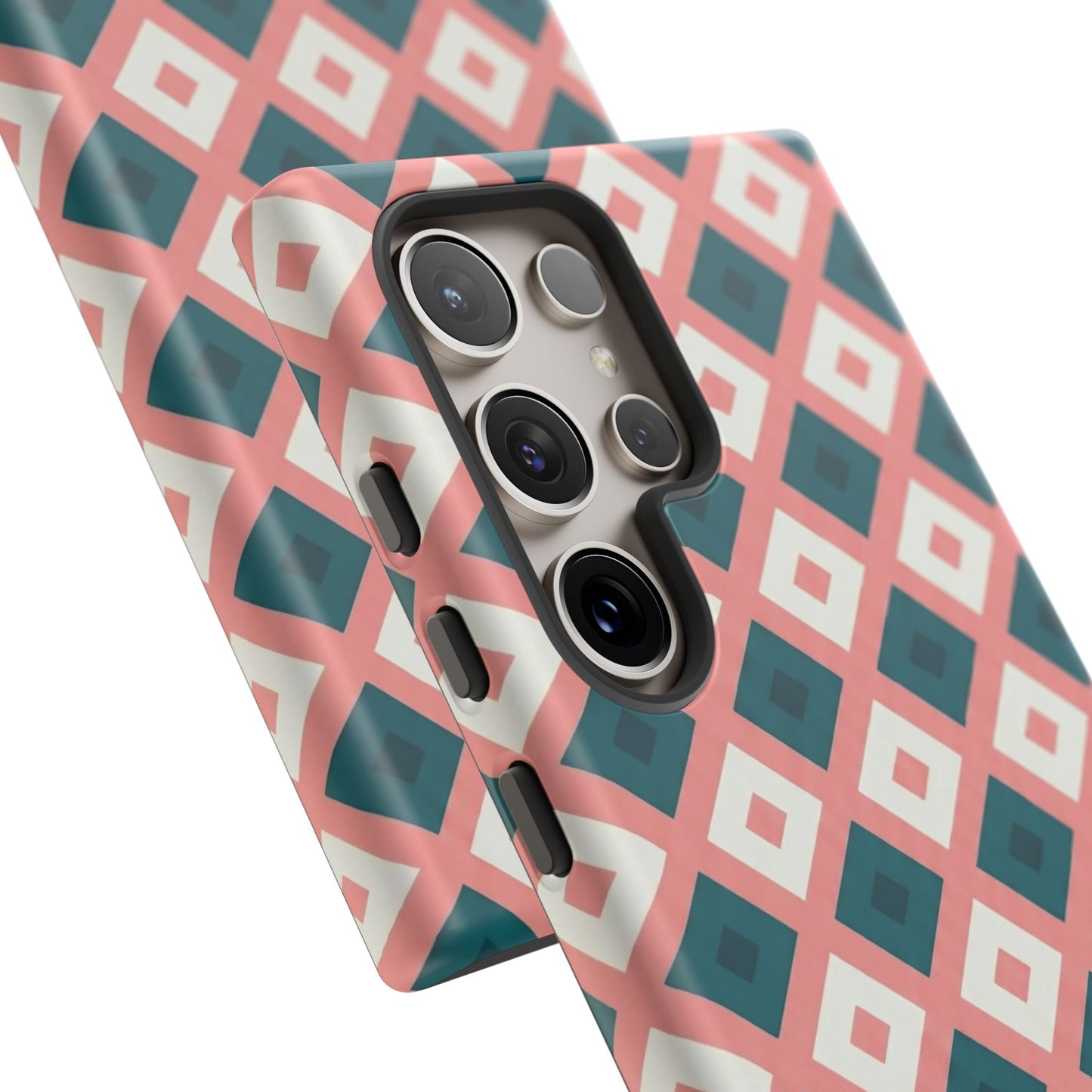 Geometric Diamond Pattern Tough Phone Case — Retro Pink & Teal Protective Cover