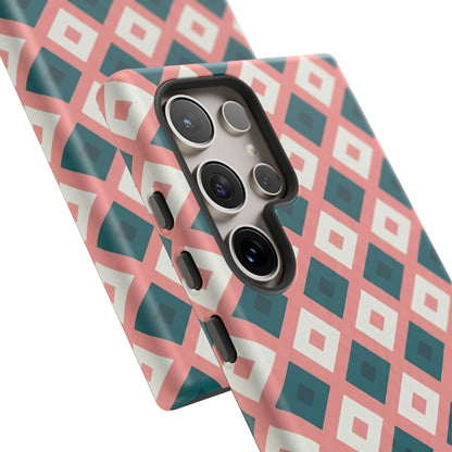 Geometric Diamond Pattern Tough Phone Case — Retro Pink & Teal Protective Cover