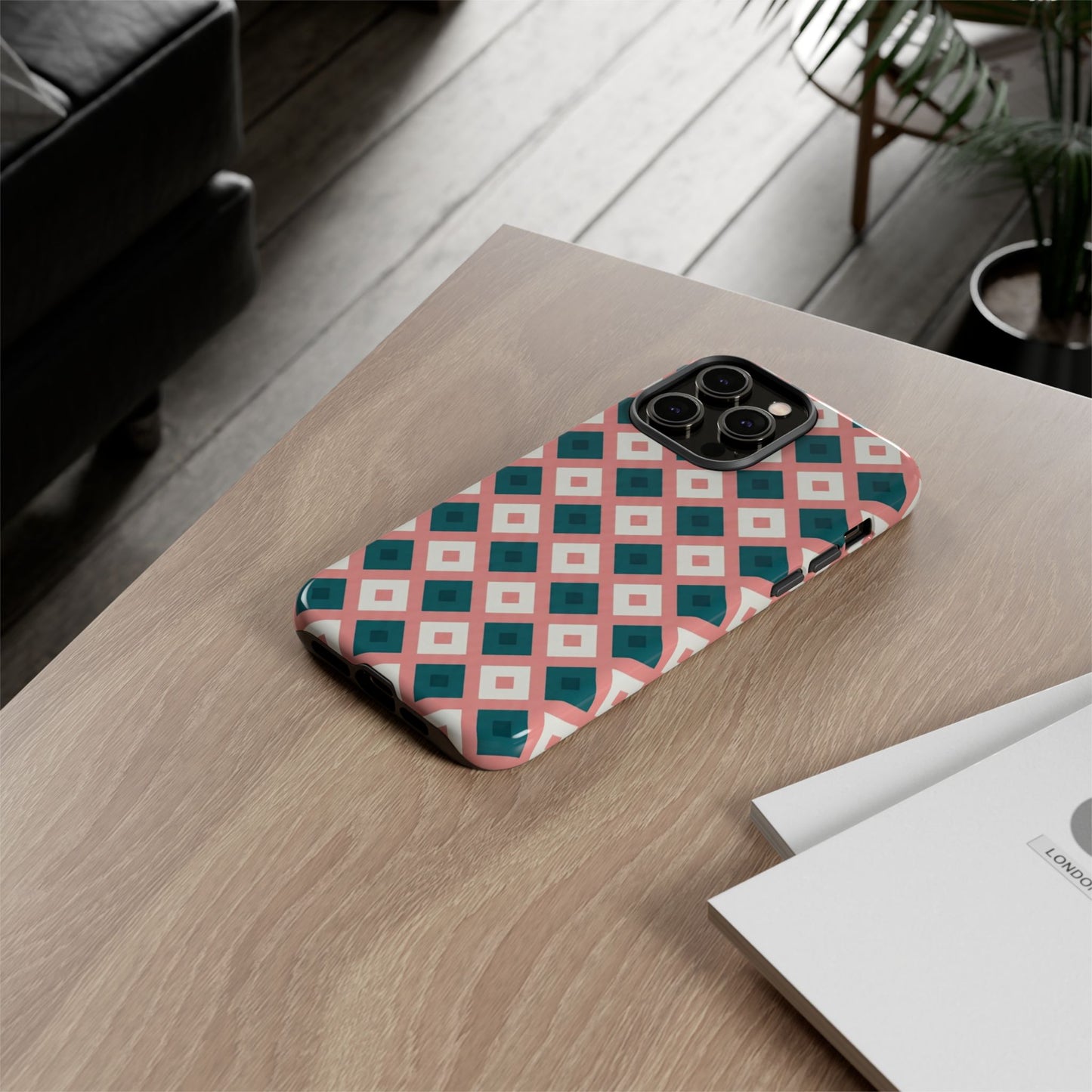 Geometric Diamond Pattern Tough Phone Case — Pink & Teal Protective Cover