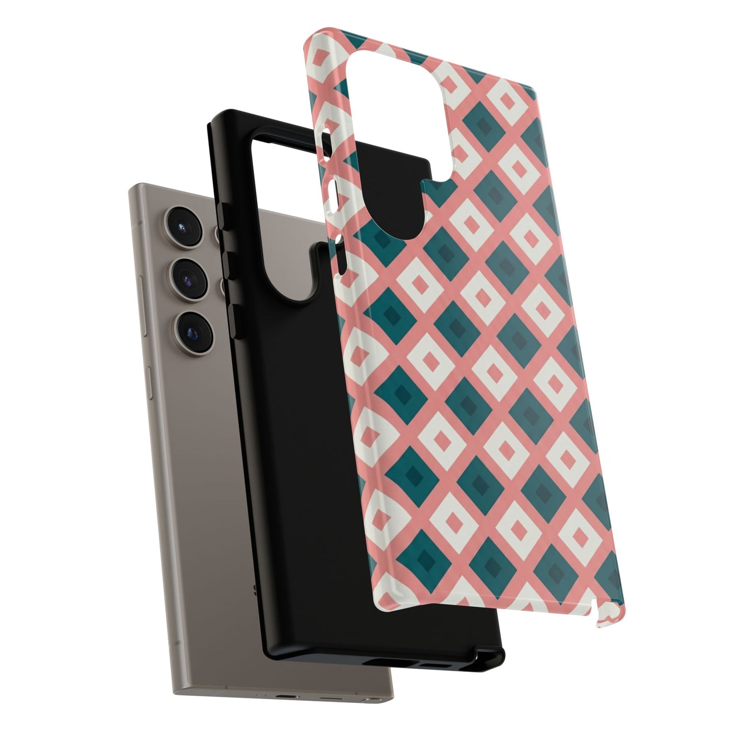Geometric Diamond Pattern Tough Phone Case — Retro Pink & Teal Protective Cover