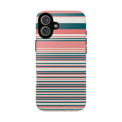Striped Tough Phone Case — Coral, Teal & White Protective Cover