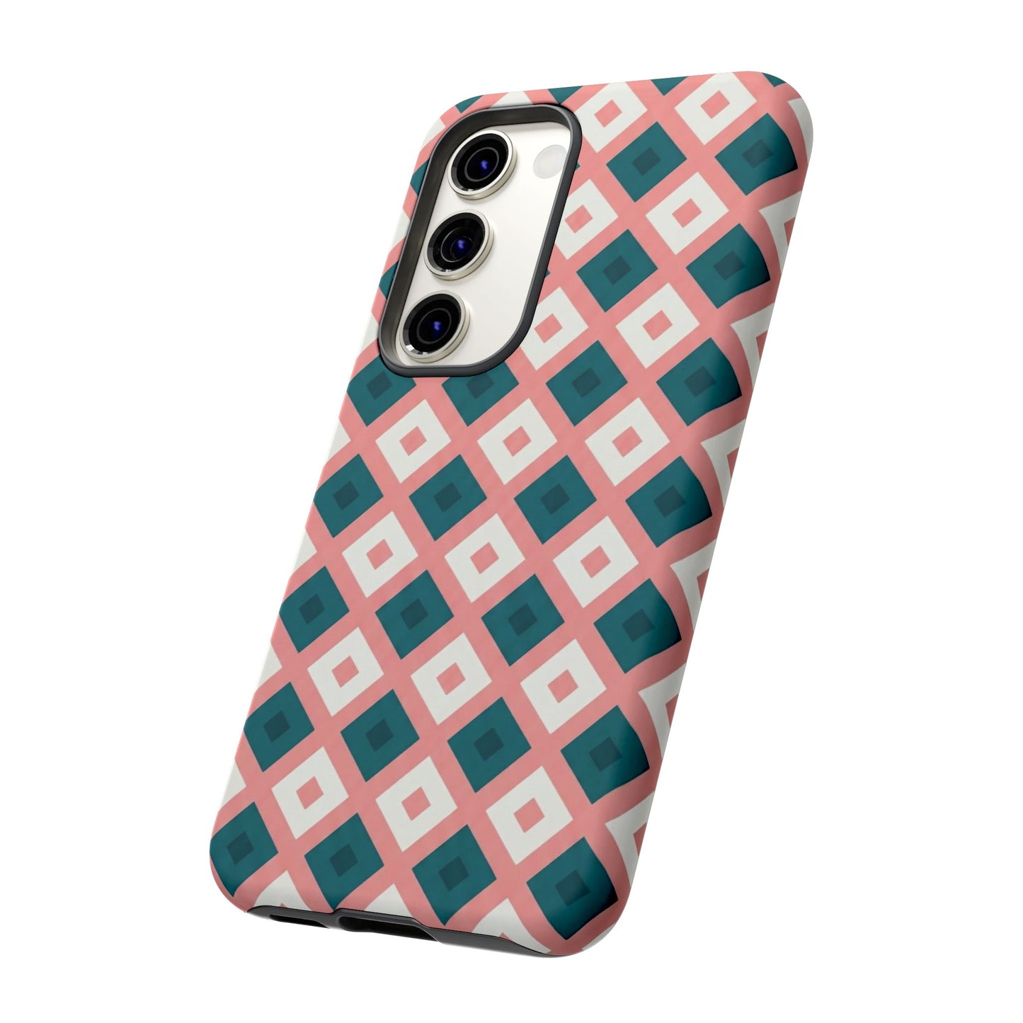 Geometric Diamond Pattern Tough Phone Case — Retro Pink & Teal Protective Cover
