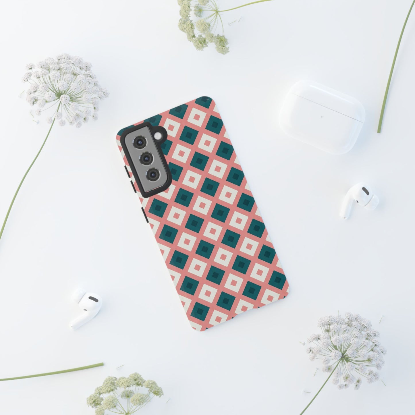 Geometric Diamond Pattern Tough Phone Case — Retro Pink & Teal Protective Cover