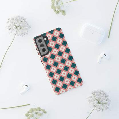 Geometric Diamond Pattern Tough Phone Case — Retro Pink & Teal Protective Cover
