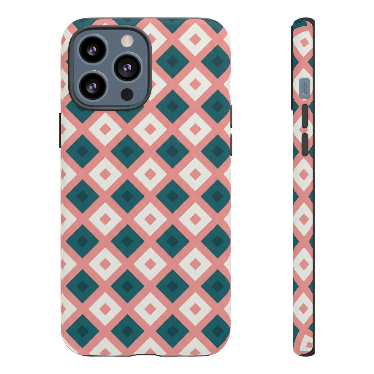 Geometric Diamond Pattern Tough Phone Case — Pink & Teal Protective Cover