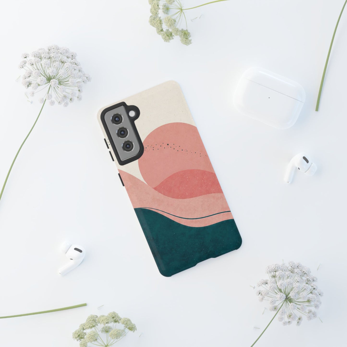 Abstract Sunset Waves Tough Phone Case — Pink & Teal Protective Cover