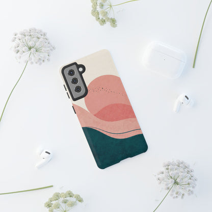 Abstract Sunset Waves Tough Phone Case — Pink & Teal Protective Cover