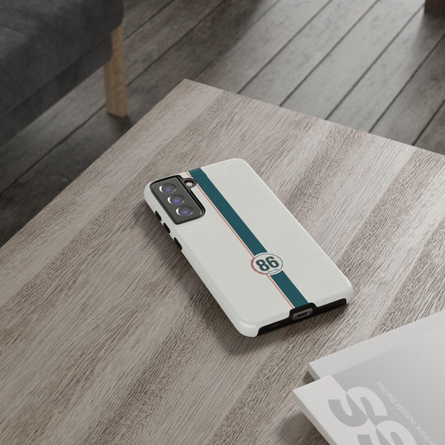 Racing Stripe Tough Phone Case — Retro White With '86 Circle Badge