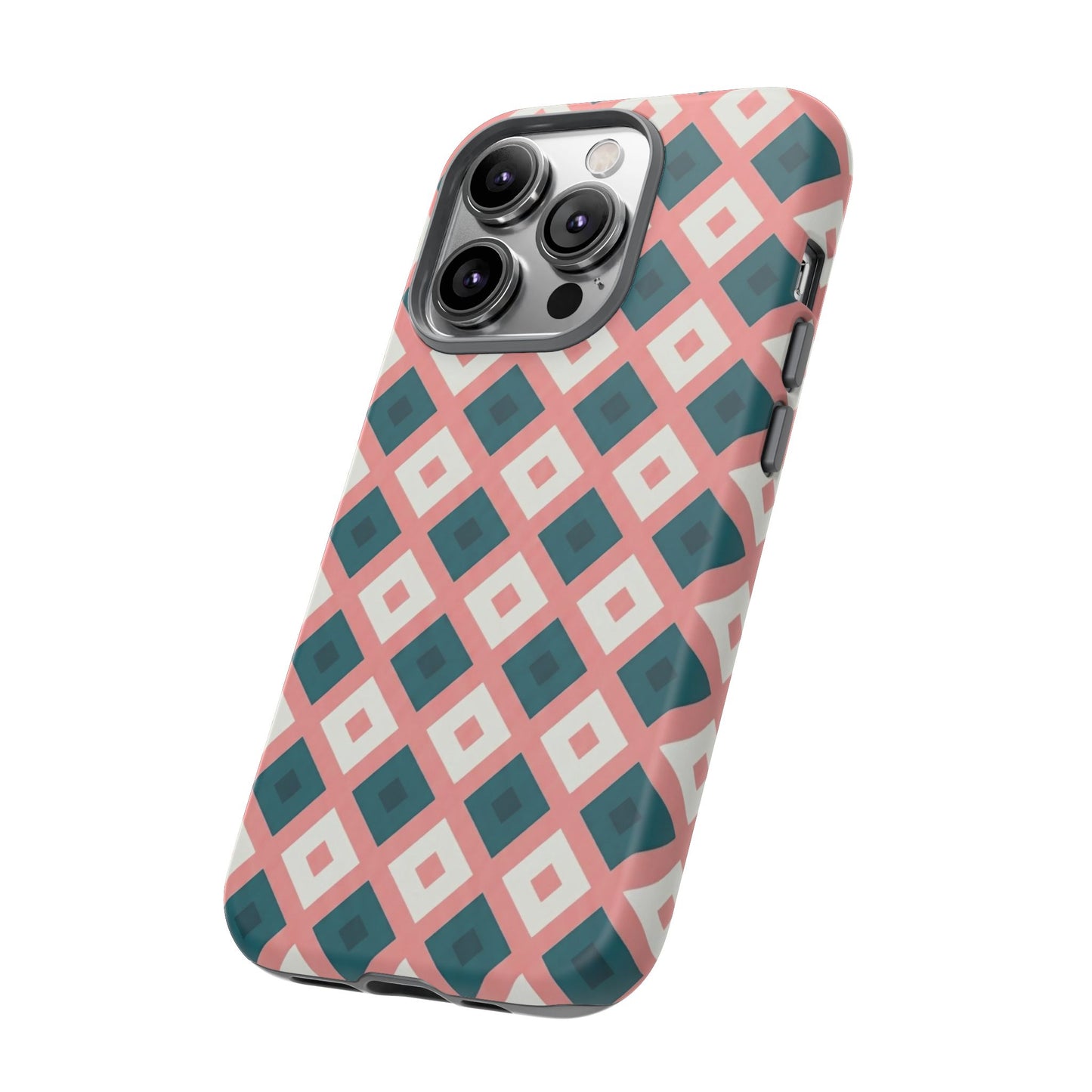 Geometric Diamond Pattern Tough Phone Case — Pink & Teal Protective Cover
