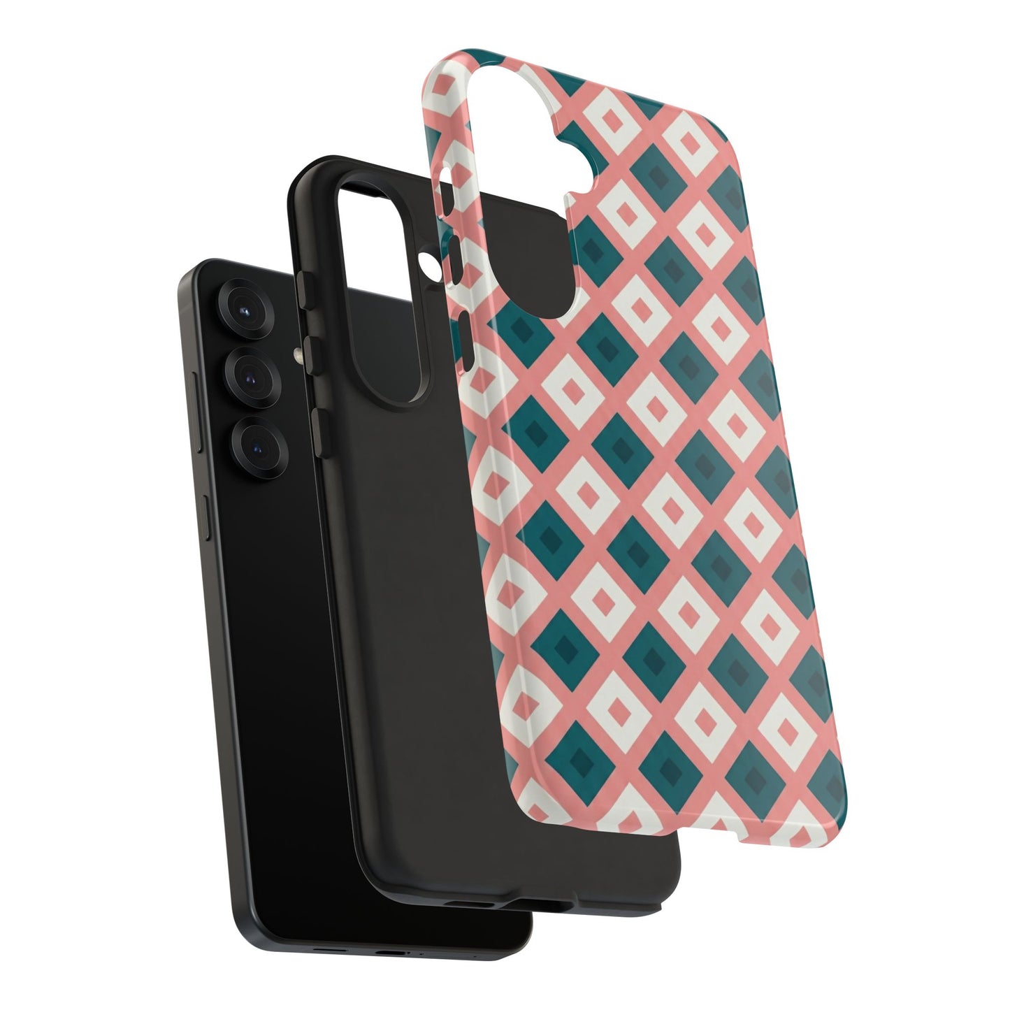 Geometric Diamond Pattern Tough Phone Case — Retro Pink & Teal Protective Cover