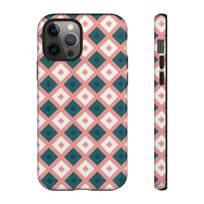 Geometric Diamond Pattern Tough Phone Case — Pink & Teal Protective Cover