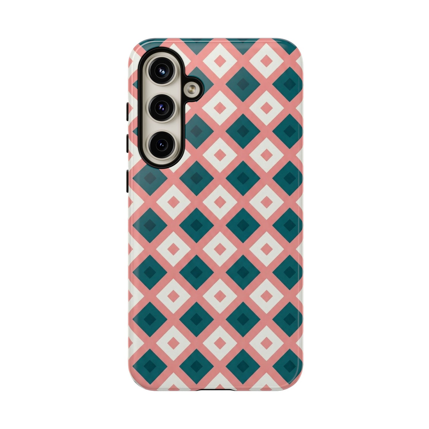 Geometric Diamond Pattern Tough Phone Case — Retro Pink & Teal Protective Cover