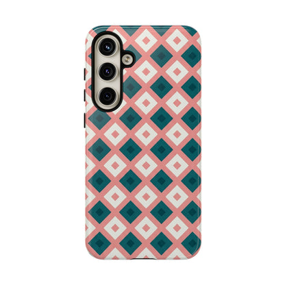 Geometric Diamond Pattern Tough Phone Case — Retro Pink & Teal Protective Cover