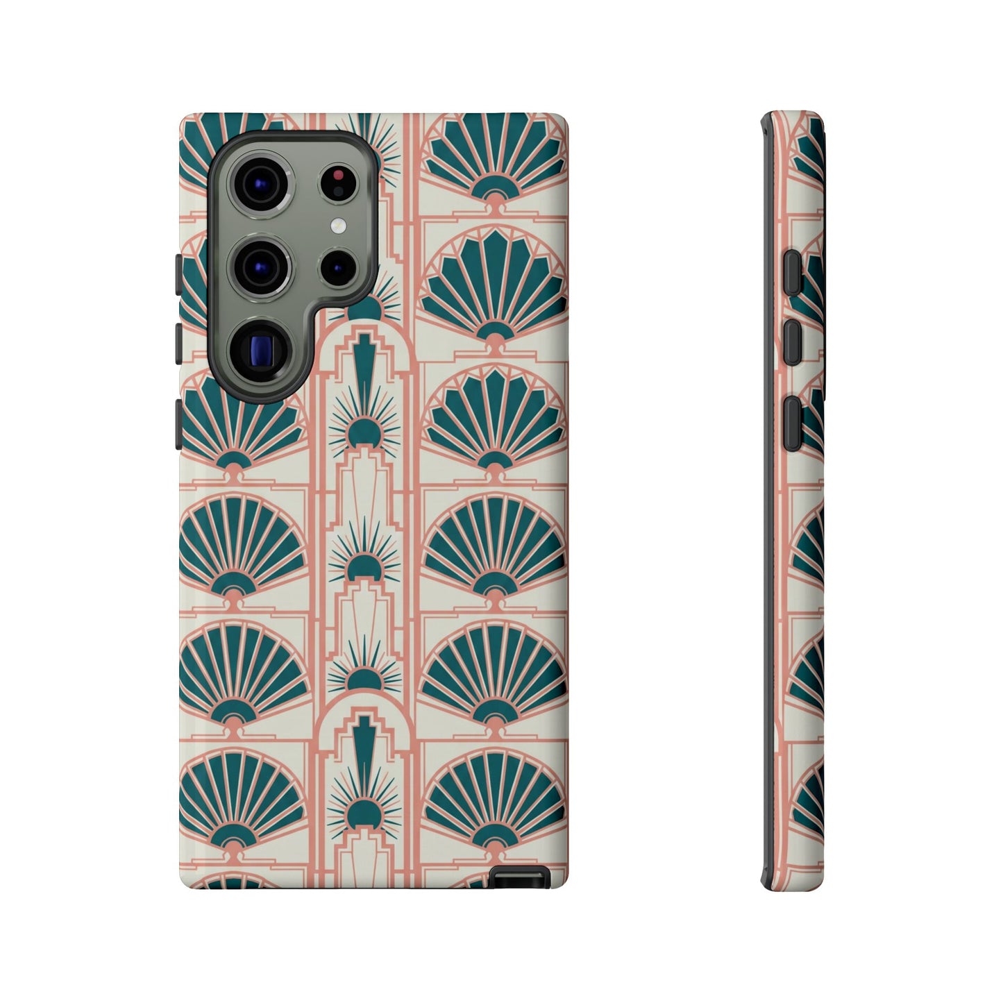 Art Deco Fan Pattern Tough Phone Case — Teal & Blush Retro Protection