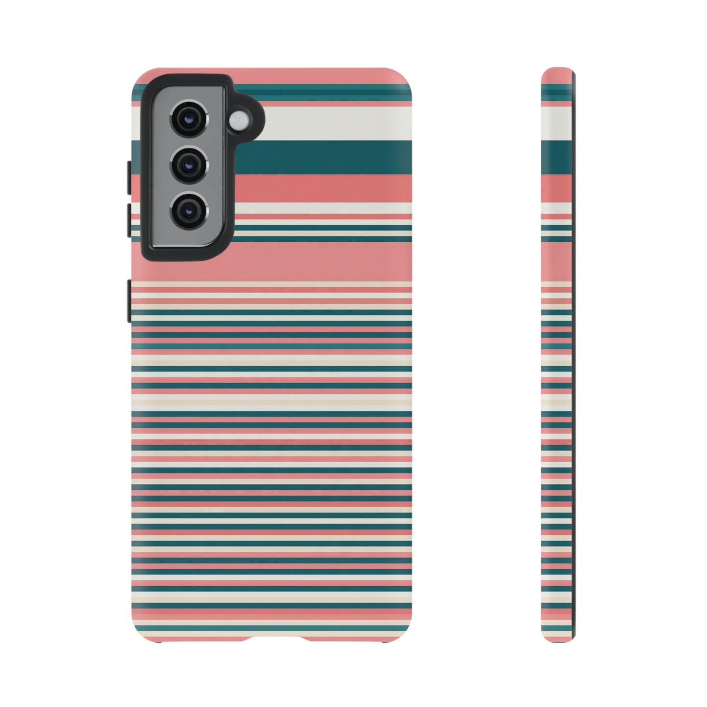 Striped Tough Phone Case — Coral, Teal & White Protective Cover