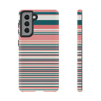 Striped Tough Phone Case — Coral, Teal & White Protective Cover