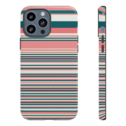 Striped Tough Phone Case — Coral, Teal & White Protective Cover