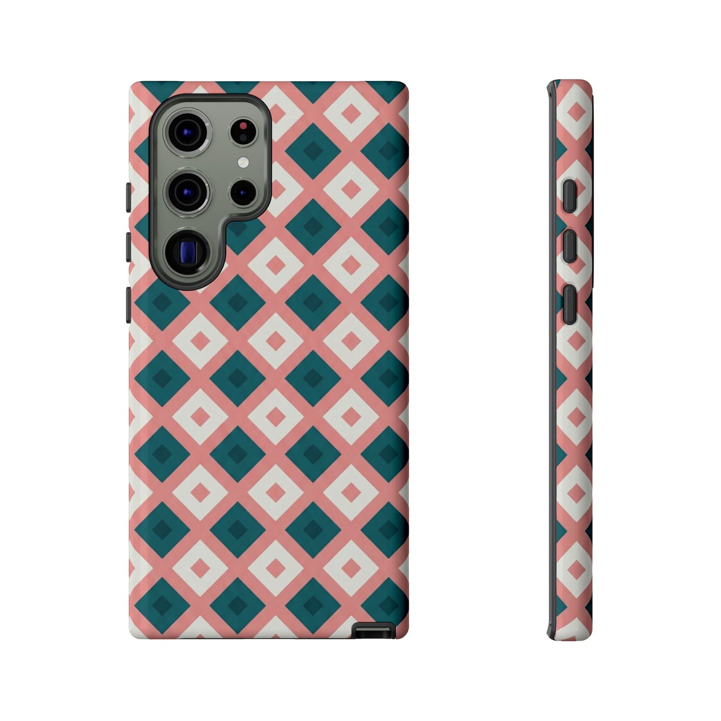 Geometric Diamond Pattern Tough Phone Case — Retro Pink & Teal Protective Cover