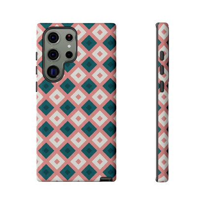 Geometric Diamond Pattern Tough Phone Case — Retro Pink & Teal Protective Cover