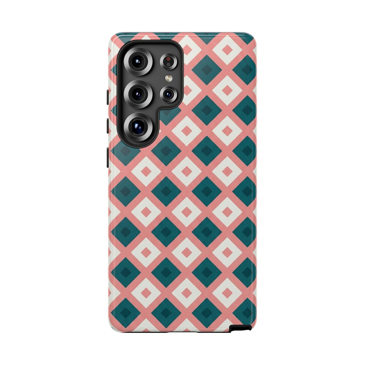 Geometric Diamond Pattern Tough Phone Case — Retro Pink & Teal Protective Cover
