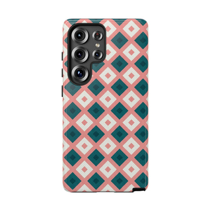Geometric Diamond Pattern Tough Phone Case — Retro Pink & Teal Protective Cover