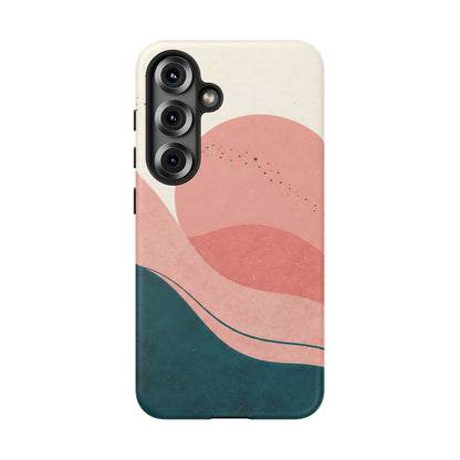 Abstract Sunset Waves Tough Phone Case — Pink & Teal Protective Cover
