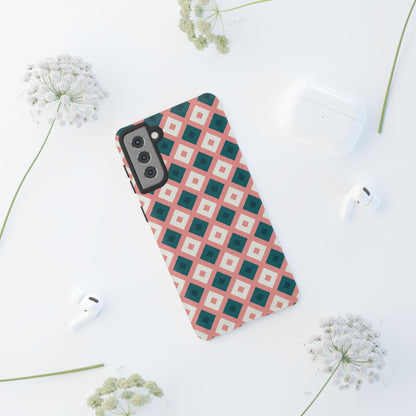 Geometric Diamond Pattern Tough Phone Case — Retro Pink & Teal Protective Cover