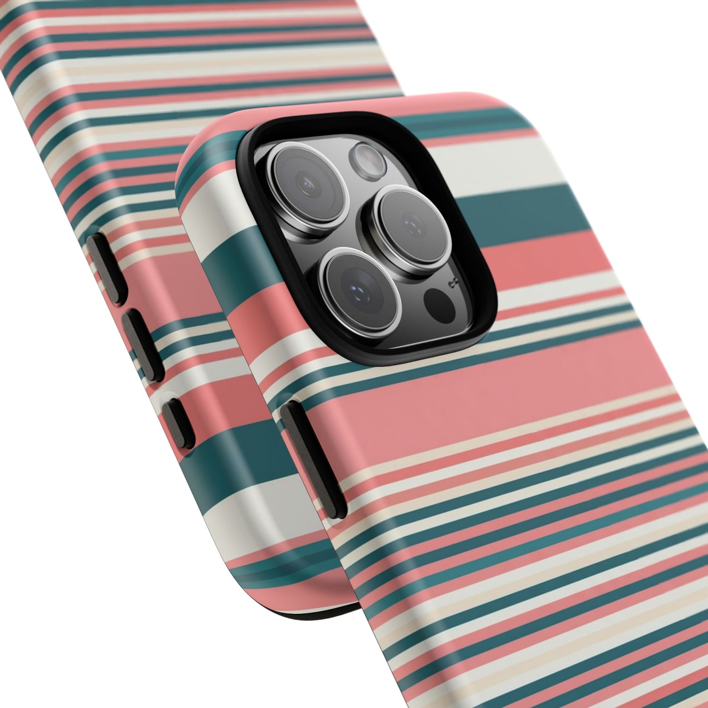 Striped Tough Phone Case — Coral, Teal & White Protective Cover
