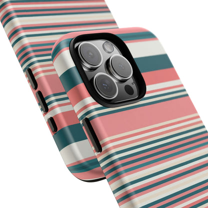 Striped Tough Phone Case — Coral, Teal & White Protective Cover