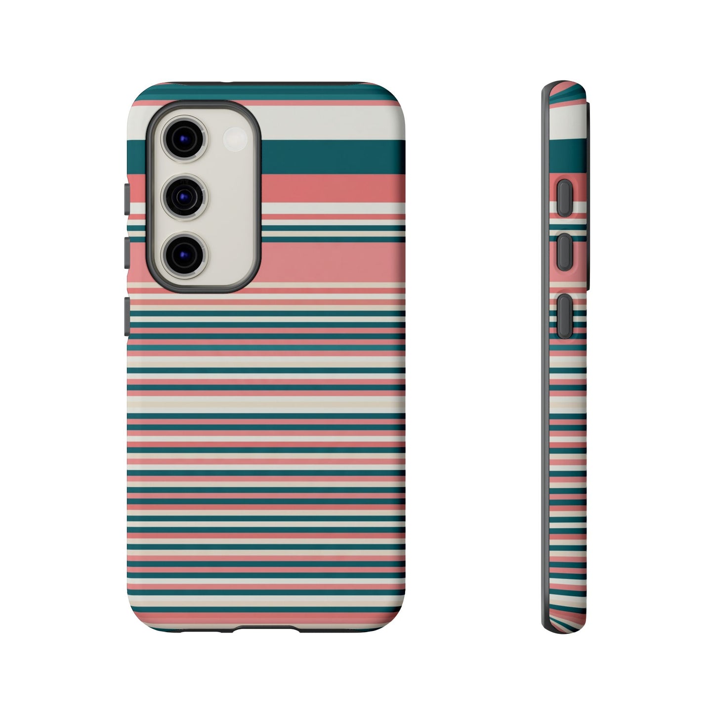 Striped Tough Phone Case — Coral, Teal & White Protective Cover
