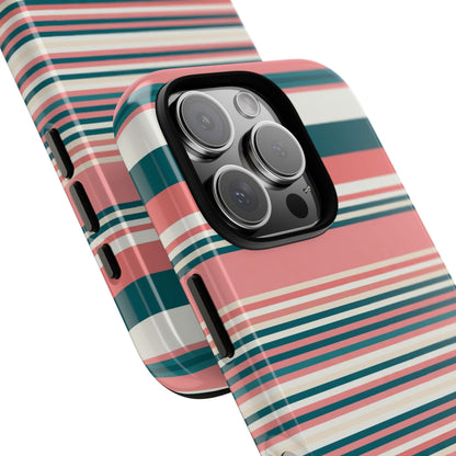 Striped Tough Phone Case — Coral, Teal & White Protective Cover
