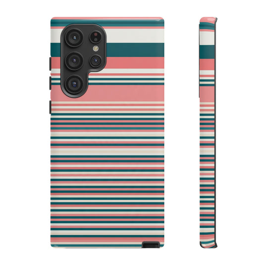 Striped Tough Phone Case — Coral, Teal & White Protective Cover
