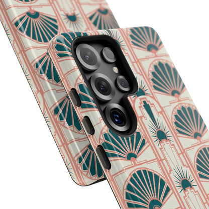 Art Deco Fan Pattern Tough Phone Case — Teal & Blush Retro Protection