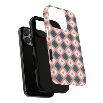Geometric Diamond Pattern Tough Phone Case — Pink & Teal Protective Cover