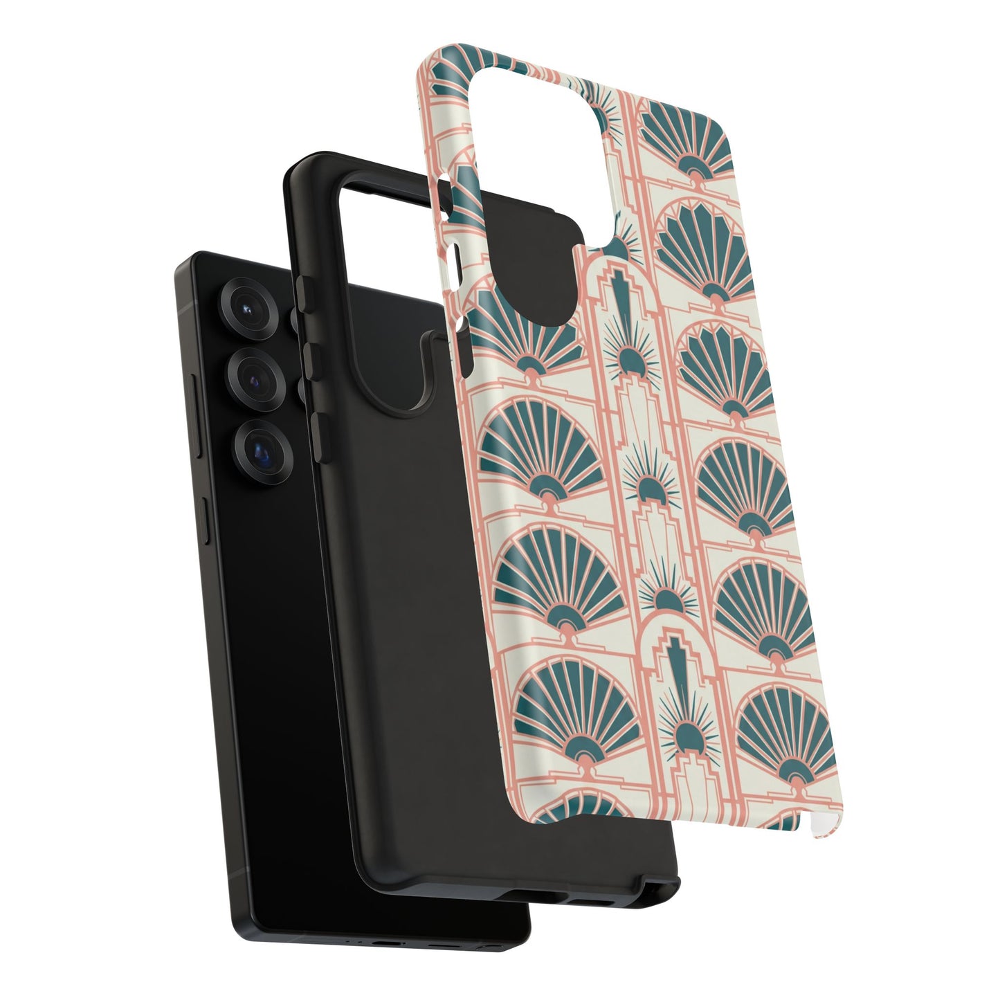 Art Deco Fan Pattern Tough Phone Case — Teal & Blush Retro Protection