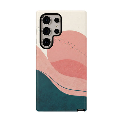 Abstract Sunset Waves Tough Phone Case — Pink & Teal Protective Cover