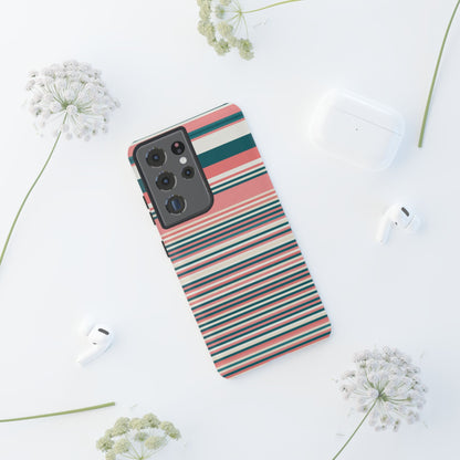 Striped Tough Phone Case — Coral, Teal & White Protective Cover