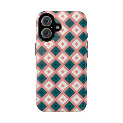Geometric Diamond Pattern Tough Phone Case — Retro Pink & Teal Protective Cover