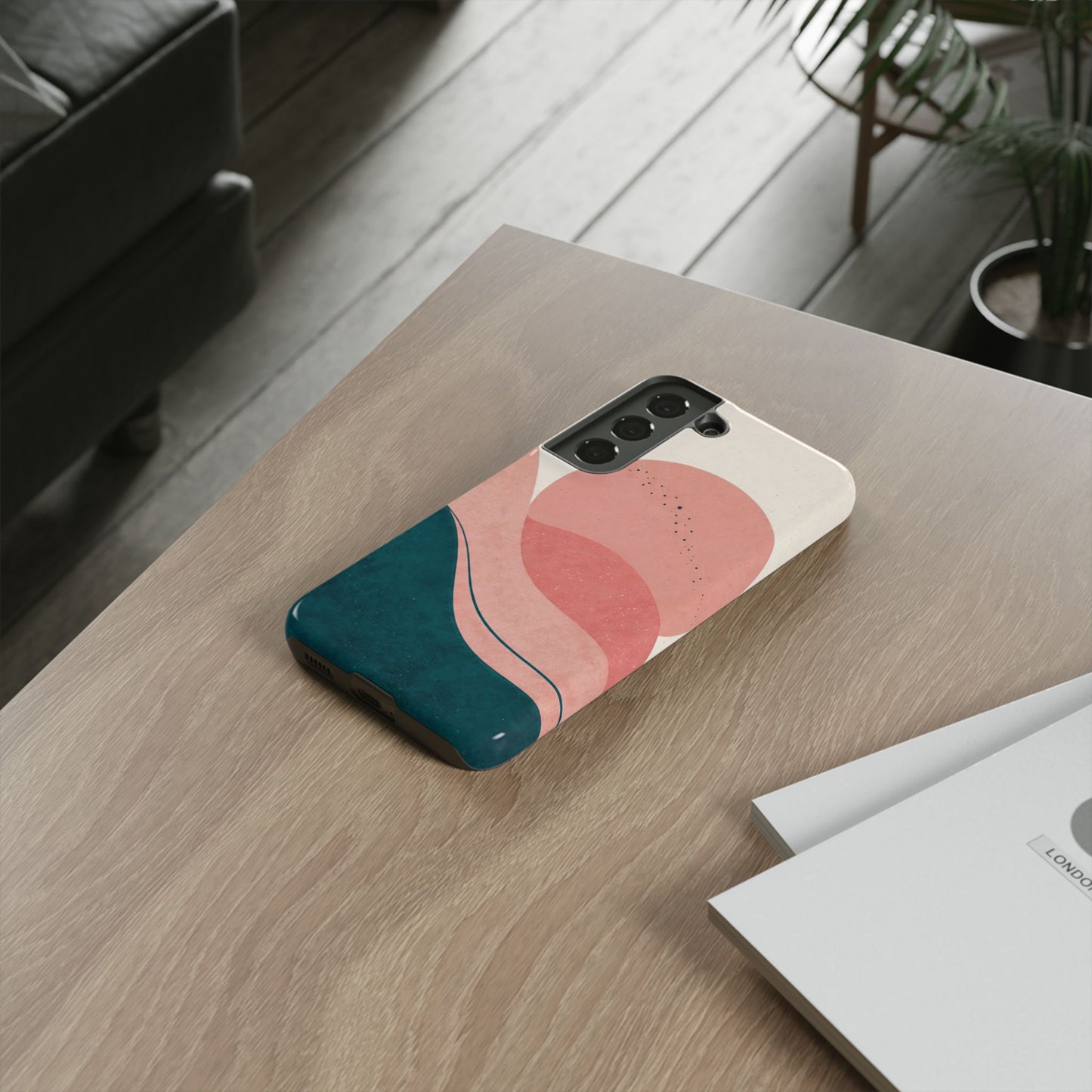 Abstract Sunset Waves Tough Phone Case — Pink & Teal Protective Cover
