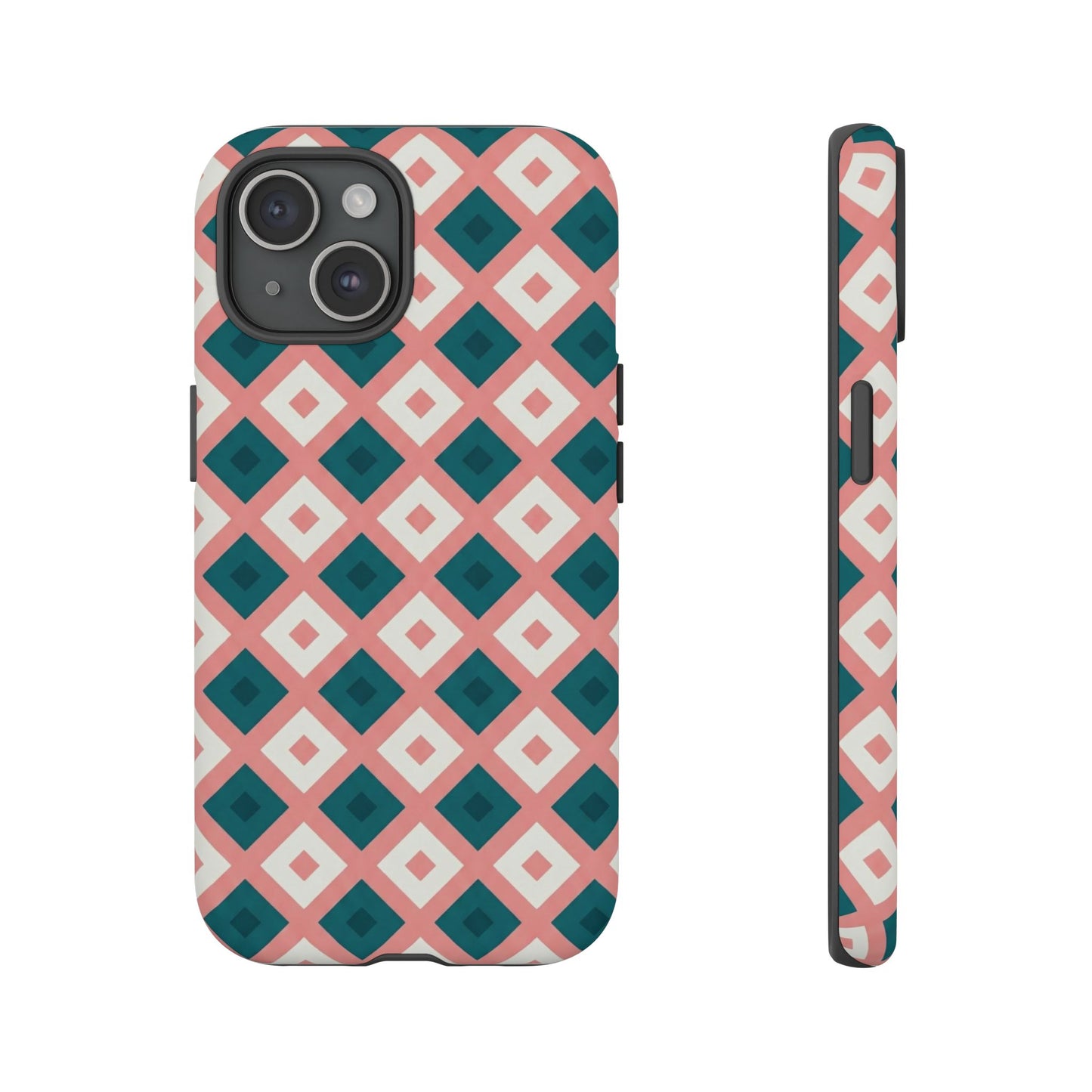 Geometric Diamond Pattern Tough Phone Case — Pink & Teal Protective Cover