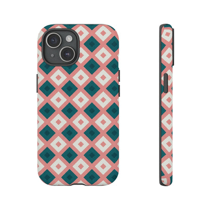 Geometric Diamond Pattern Tough Phone Case — Pink & Teal Protective Cover