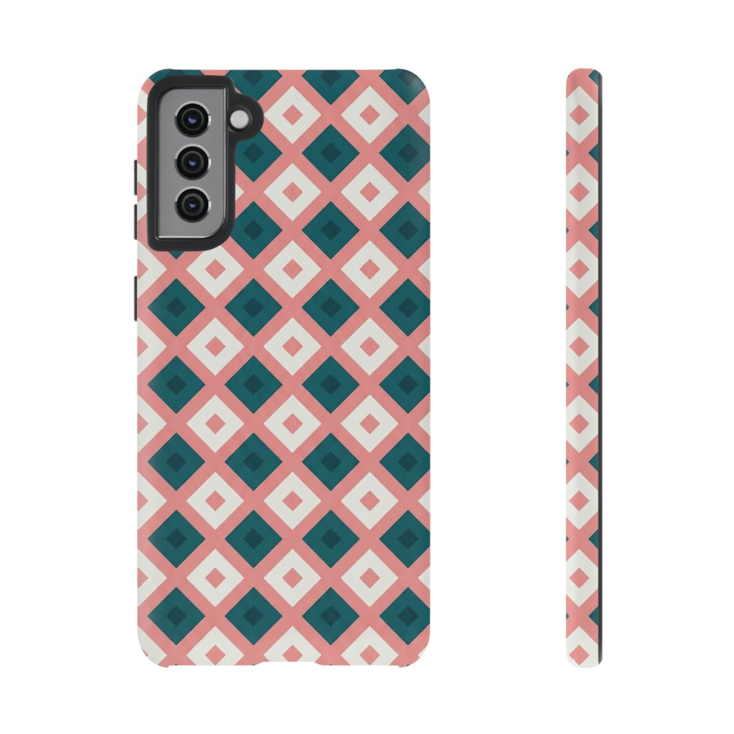 Geometric Diamond Pattern Tough Phone Case — Retro Pink & Teal Protective Cover