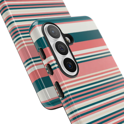 Striped Tough Phone Case — Coral, Teal & White Protective Cover
