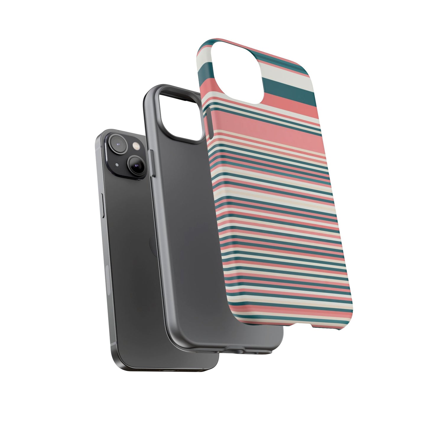 Striped Tough Phone Case — Coral, Teal & White Protective Cover