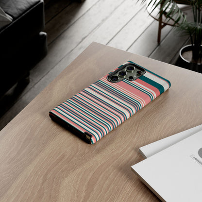 Striped Tough Phone Case — Coral, Teal & White Protective Cover