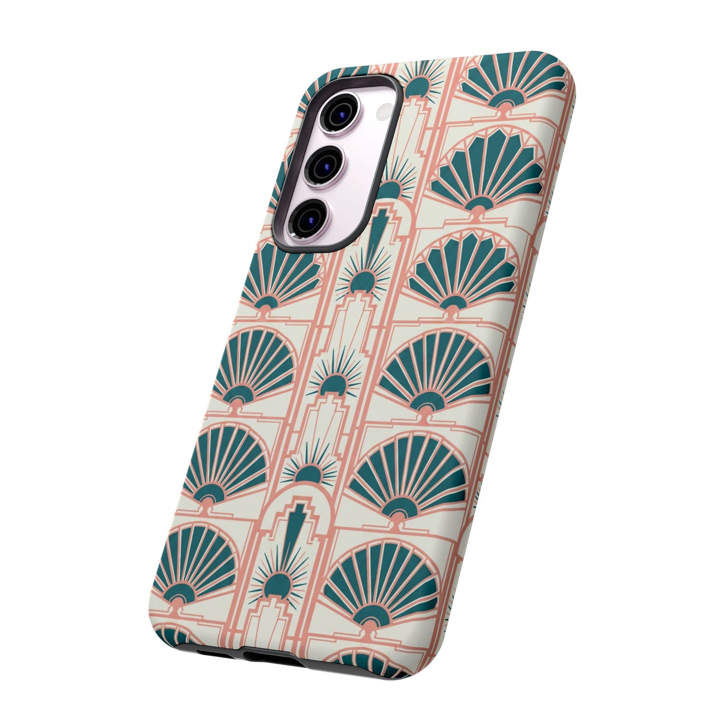 Art Deco Fan Pattern Tough Phone Case — Teal & Blush Retro Protection