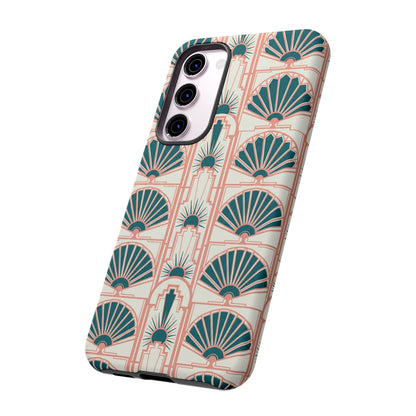Art Deco Fan Pattern Tough Phone Case — Teal & Blush Retro Protection