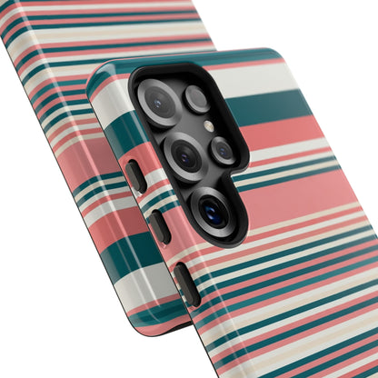 Striped Tough Phone Case — Coral, Teal & White Protective Cover
