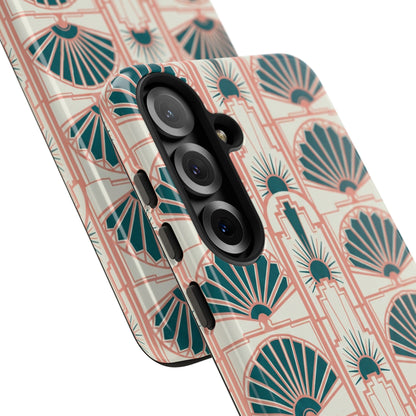 Art Deco Fan Pattern Tough Phone Case — Teal & Blush Retro Protection